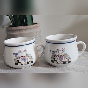 Vintage Set of 2 Ceramic BLUE RABBIT Bunny Soup Mug Cups Cottagecore Grandmacore